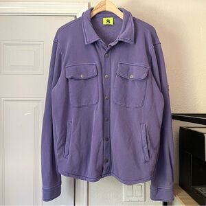 SUPERVSN purple button up long sleeve cotton terry knit peace graphic shacket
